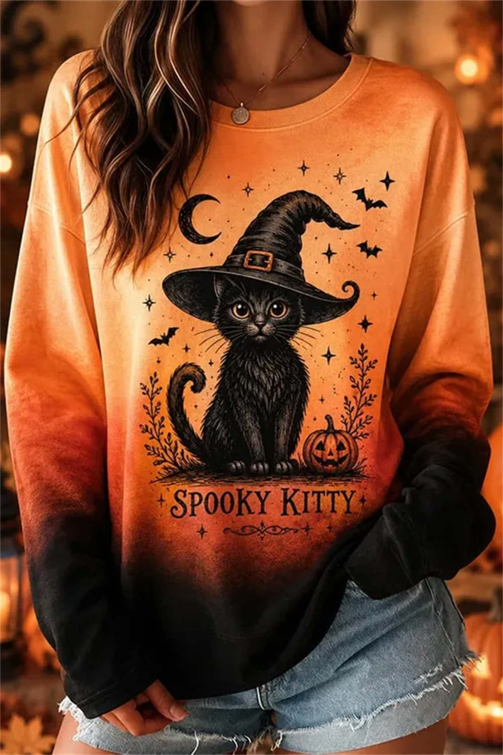 Anna | Halloween-Inspired Multi Cat Pumpkin Bat Round Neck Long Sleeve Sweatshirt