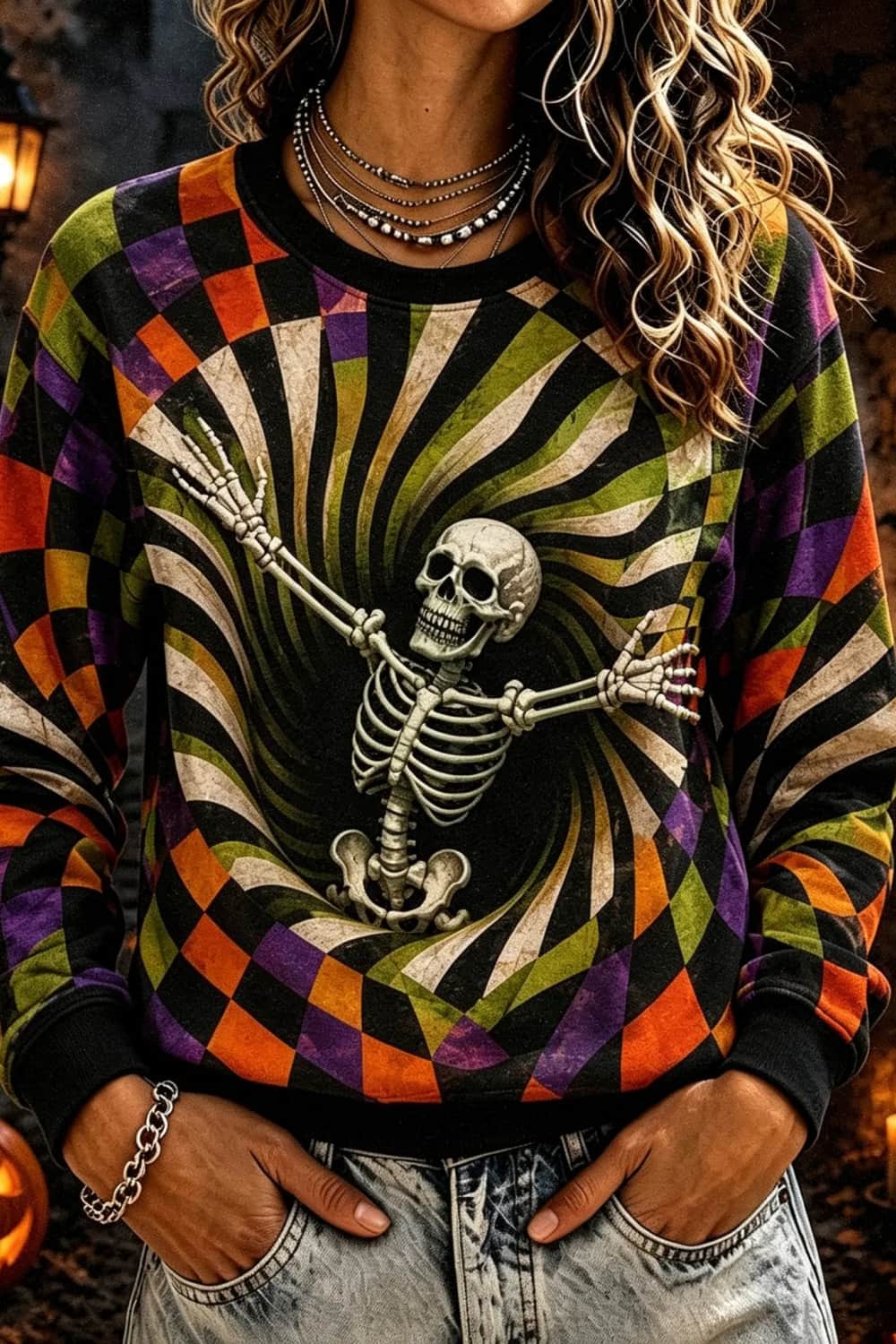 Caroline | Halloween-Inspired Multi Spiral Check Skull Print Round Neck Sweatshirt