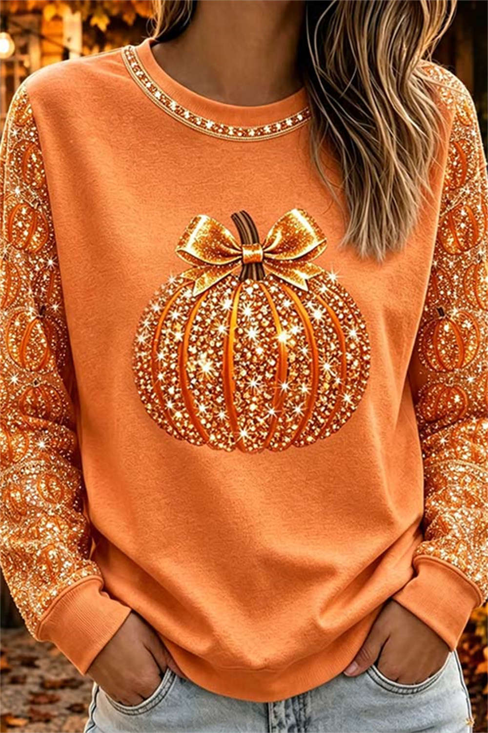 Ivy | Halloween-Inspired Orange Pumpkin Print Round Neck Top