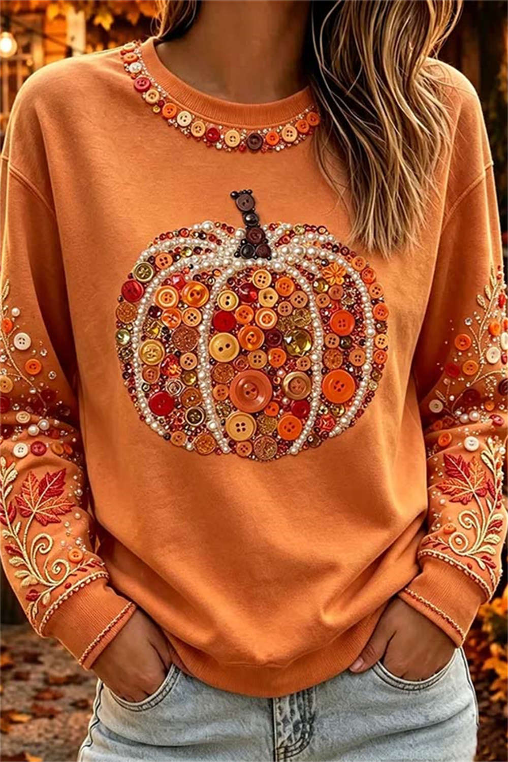 Willow | Halloween-Inspired Orange Button Pumpkin Leaf Print Round Neck Top