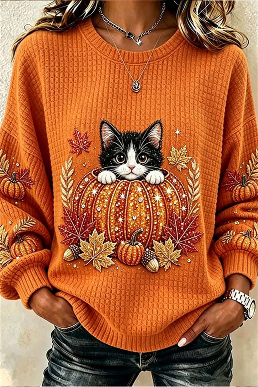 Naomi | Halloween-Inspired Orange Cat Pumpkin Maple Leaf Print Round Neck Long Sleeve Top