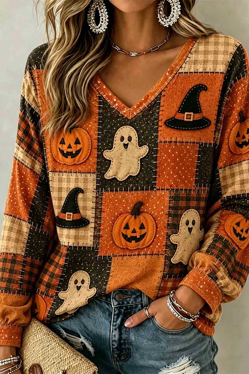 Diana | Halloween-Inspired Multi Plaid Ghost Pumpkin Patchwork V Neck Long Sleeve Top