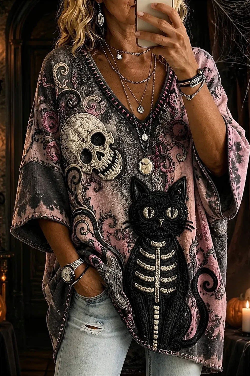 Ada | Halloween-Inspired Multi Skull Cat Print V Neck Three Quarter Sleeve Top