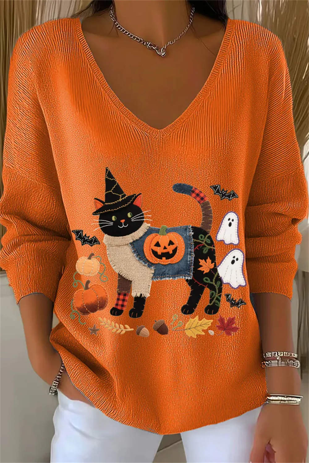 Audrey | Halloween-Inspired Orange Black Cat Pumpkin Print V Neck Long Sleeve Top