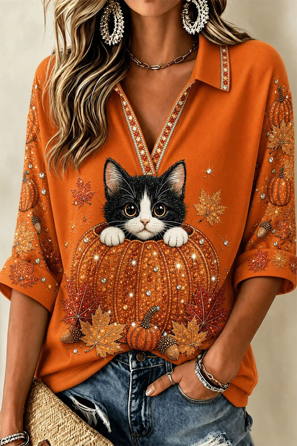Victoria | Halloween-Inspired Orange Cat Pumpkin Print Collared Three-Quarter Sleeve Top