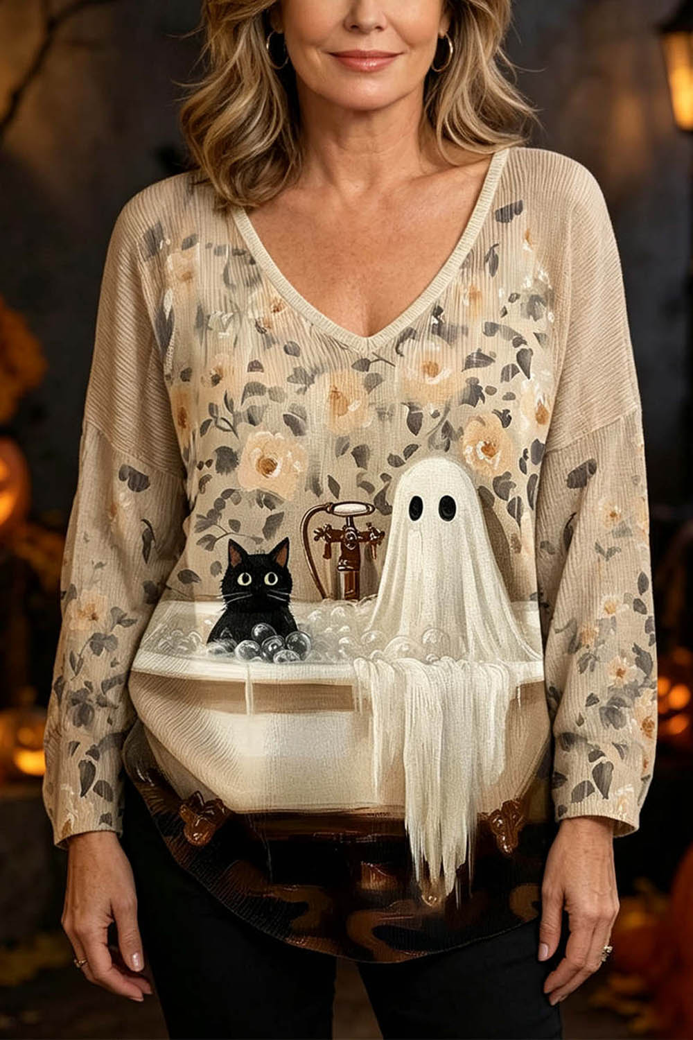 Alicia | Halloween-Inspired Beige Ghost Cat Bathtub Print V Neck Long Sleeve Top