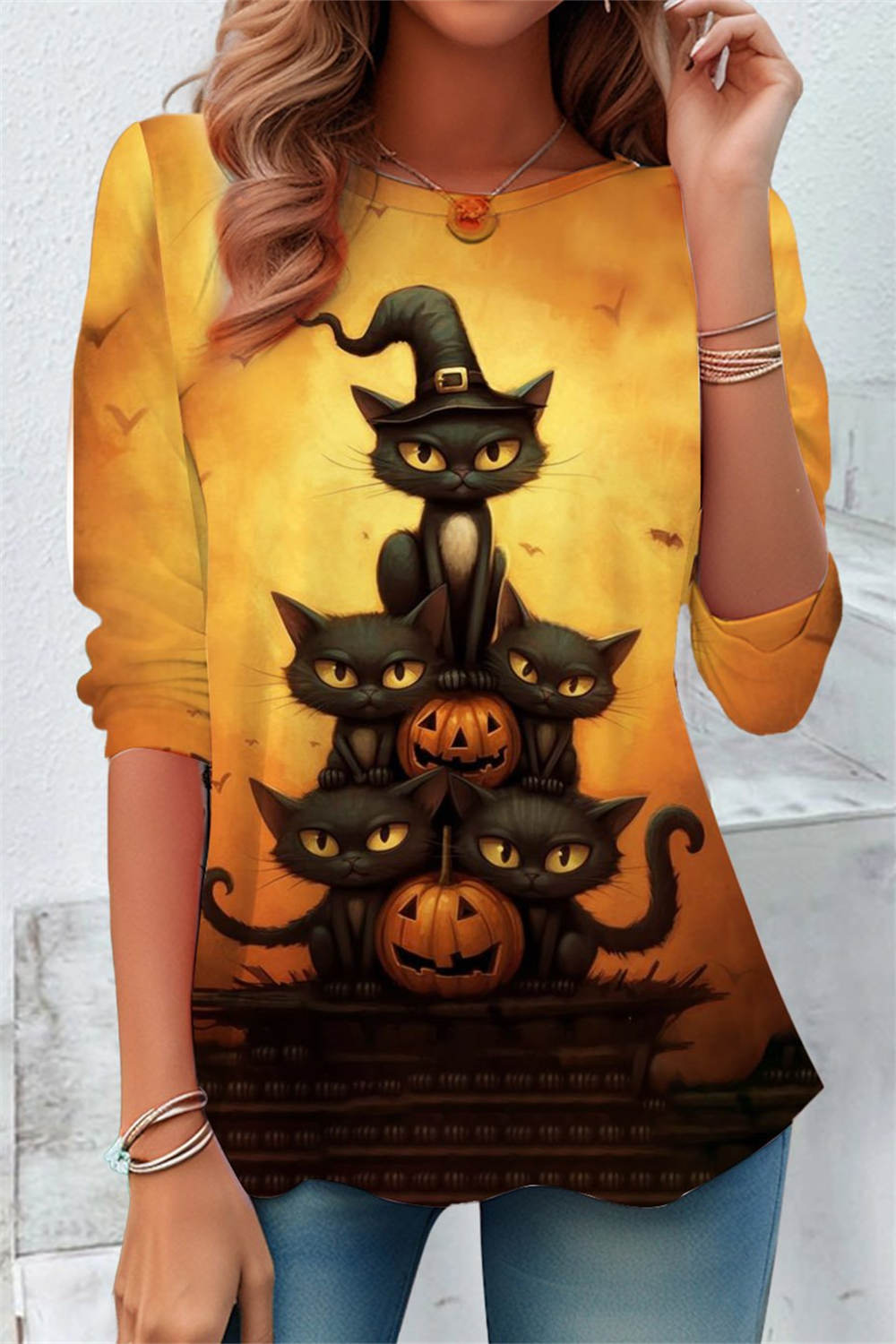 Henrietta | Halloween-Inspired Yellow Cat Pumpkin Print Round Neck Three-Quarter Sleeve Top