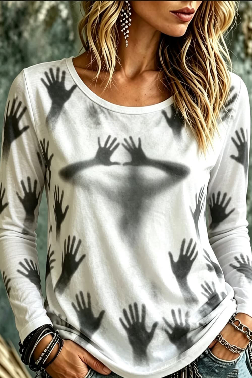 Anabelle | Halloween-Inspired White Handprint Print Round Neck Long Sleeve Top