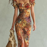 Aria - Long orange chiffon dress with bohemian-style oil painting print