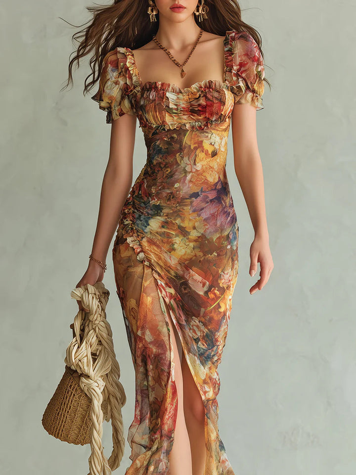 Aria - Long orange chiffon dress with bohemian-style oil painting print