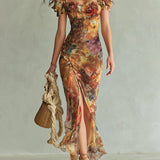 Aria - Long orange chiffon dress with bohemian-style oil painting print
