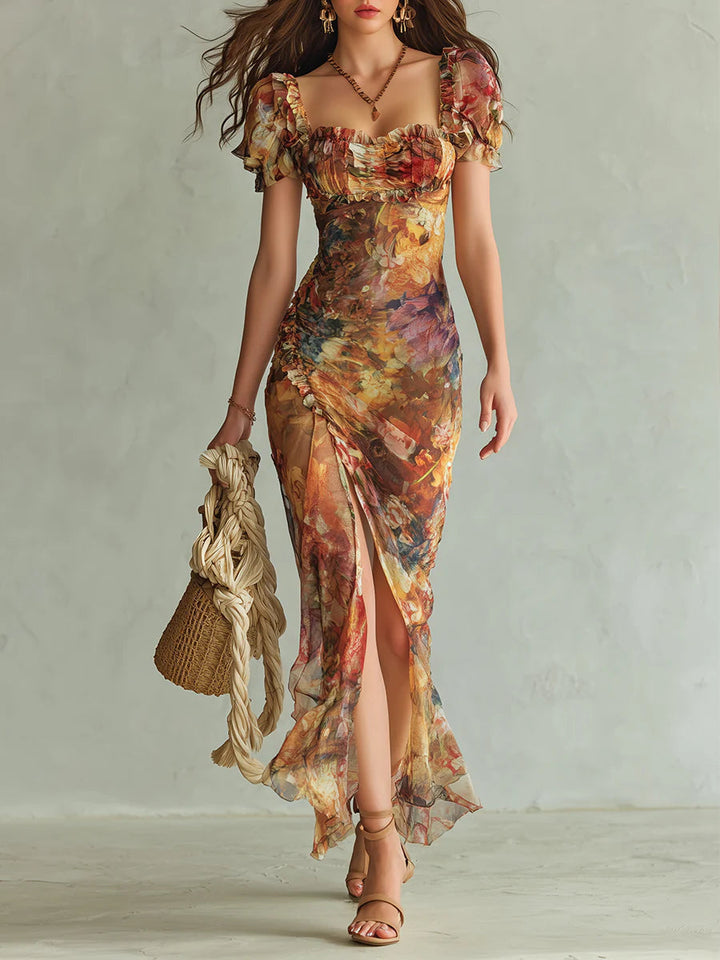 Aria - Long orange chiffon dress with bohemian-style oil painting print