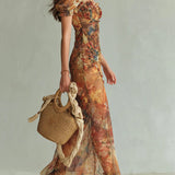 Aria - Long orange chiffon dress with bohemian-style oil painting print