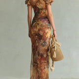 Aria - Long orange chiffon dress with bohemian-style oil painting print