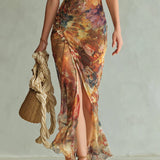 Aria - Long orange chiffon dress with bohemian-style oil painting print