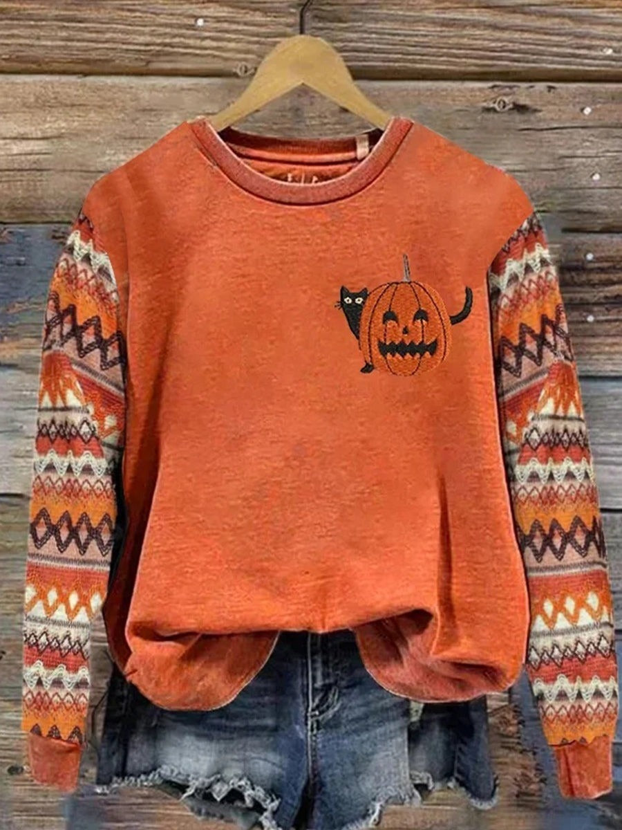 Ariadne | Halloween-Inspired Pumpkin Print Round Neck Long Sleeve Comfortable Sweatshirt