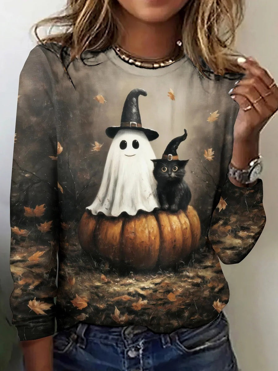 Autumn | Halloween-Inspired Cute Ghost Print Round Neck Long Sleeve T-shirt