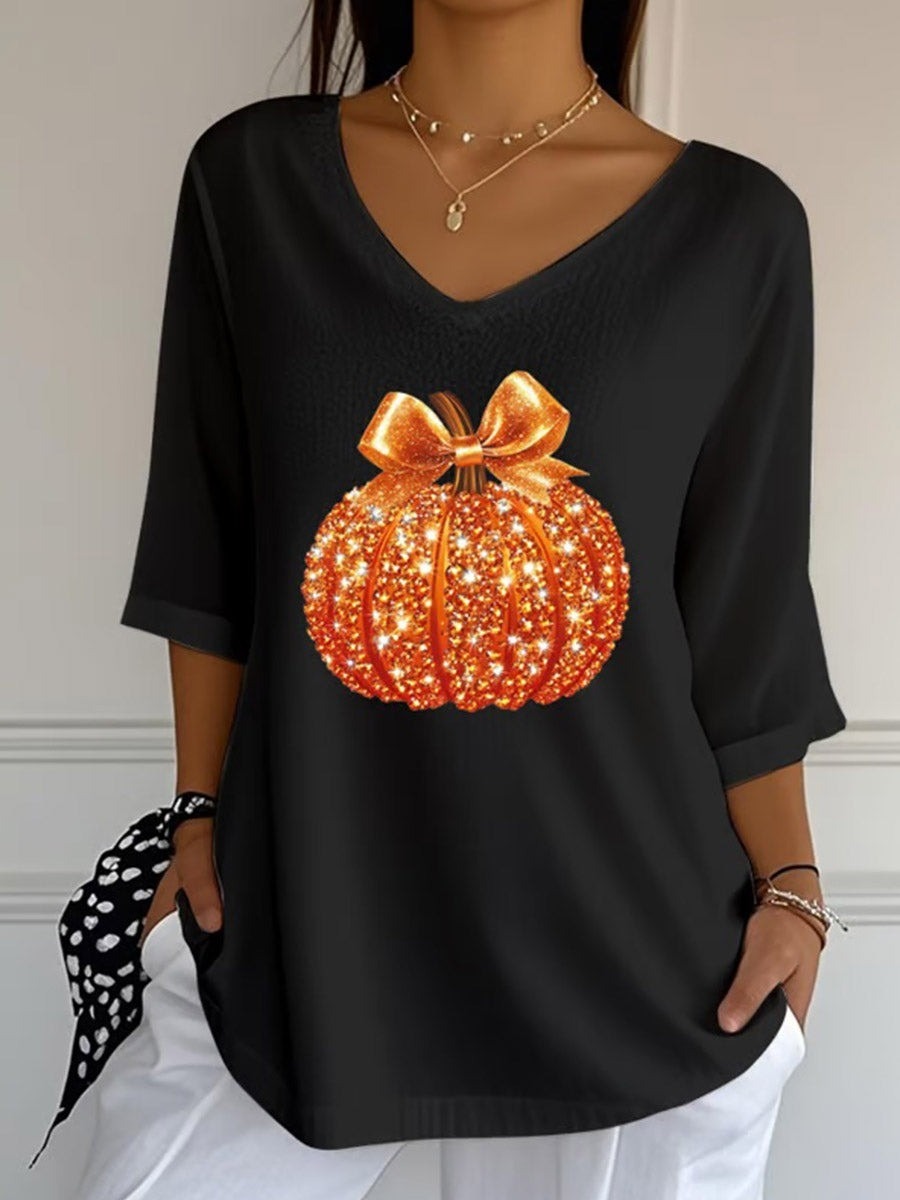Camila | Halloween Sequined Pumpkin Print V-Neck Three-Quarter Sleeve Casual Loose Blouse