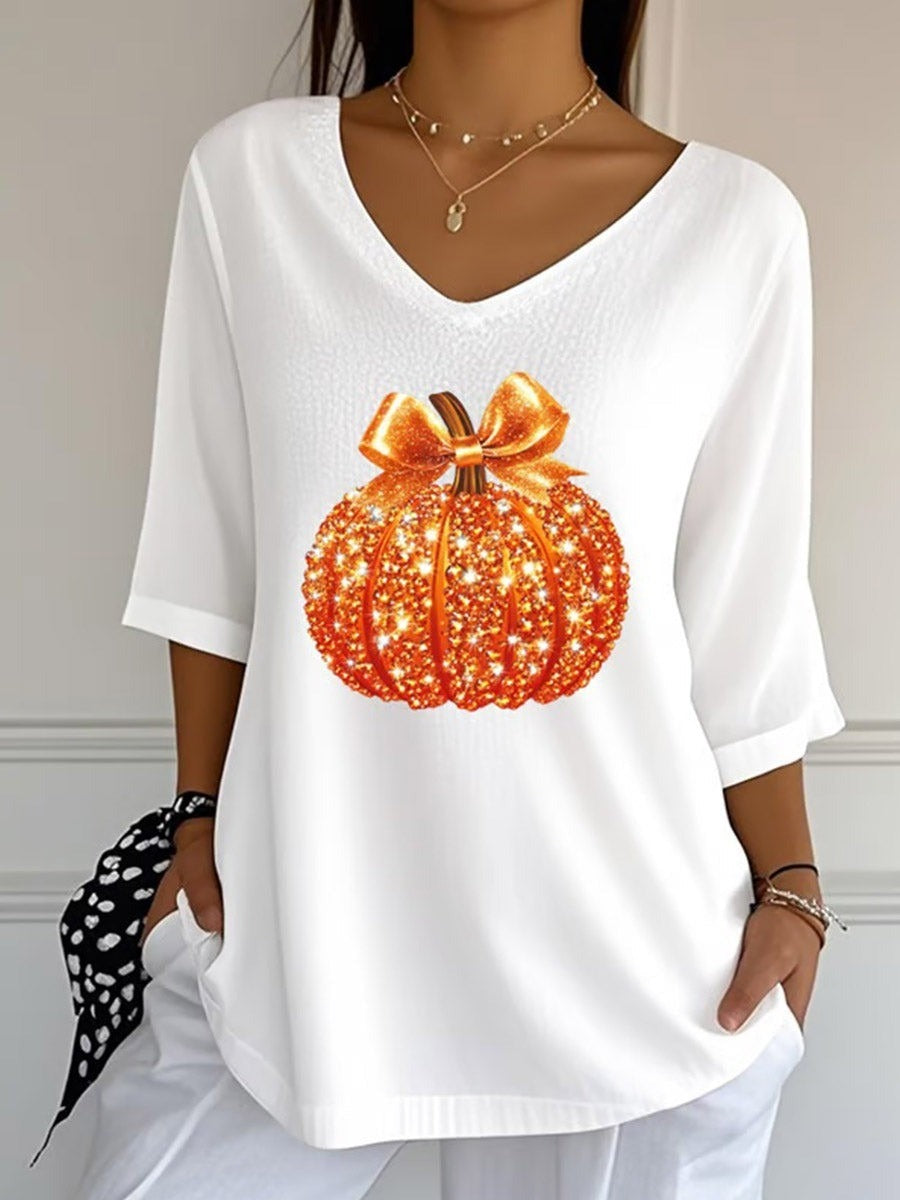 Camila | Halloween Sequined Pumpkin Print V-Neck Three-Quarter Sleeve Casual Loose Blouse