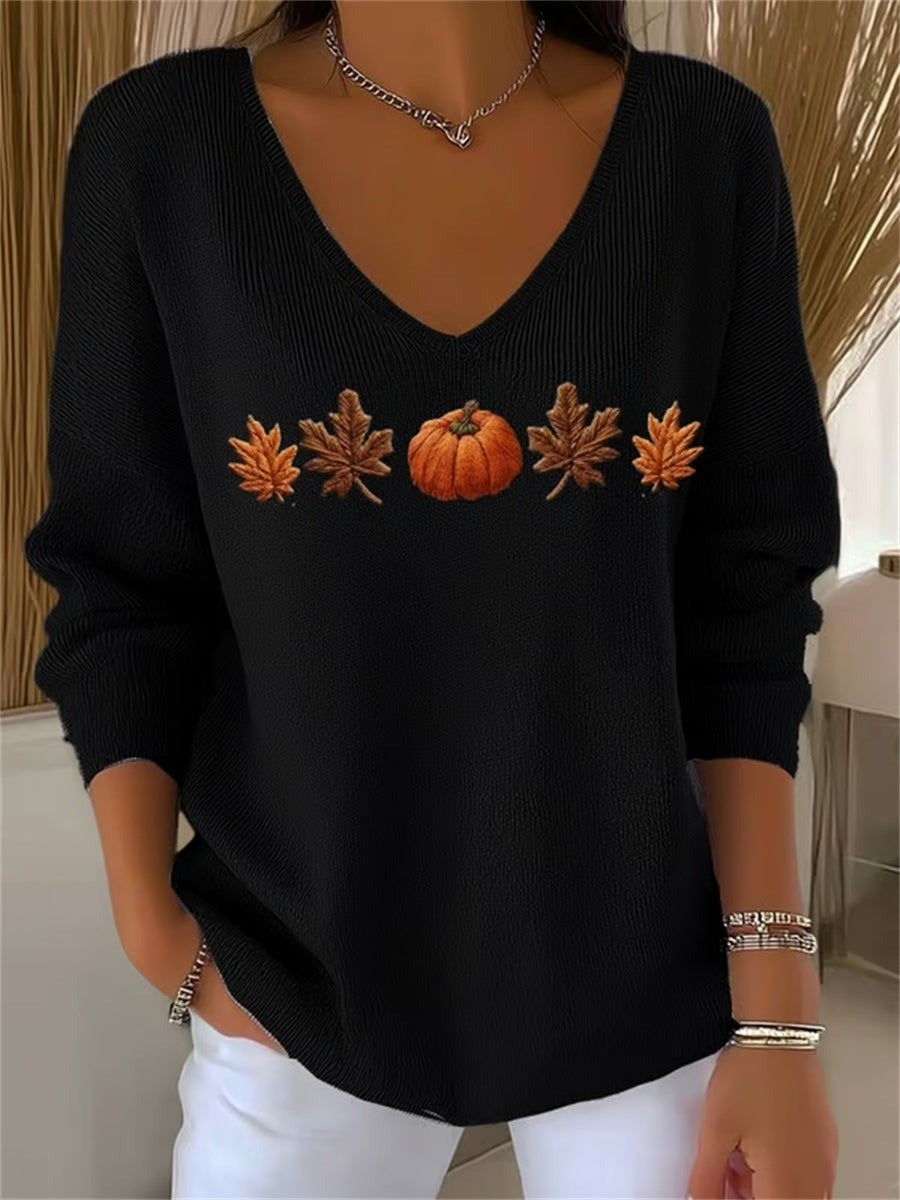 Lydia | Halloween Autumn Maple Leaf and Pumpkin Print Long Sleeve V-Neck Casual Sweatshirt