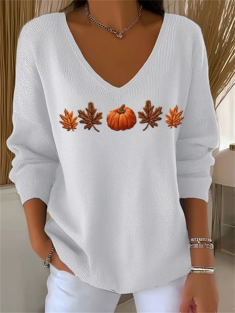 Lydia | Halloween Autumn Maple Leaf and Pumpkin Print Long Sleeve V-Neck Casual Sweatshirt