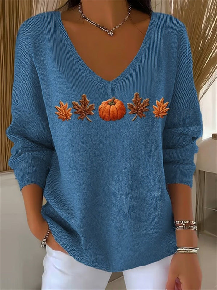 Lydia | Halloween Autumn Maple Leaf and Pumpkin Print Long Sleeve V-Neck Casual Sweatshirt
