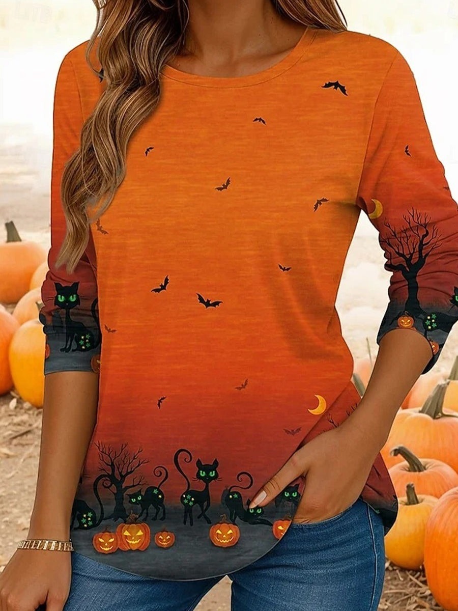Natalie | Halloween-Inspired Cat Printed Round Neck Long Sleeve T-shirt