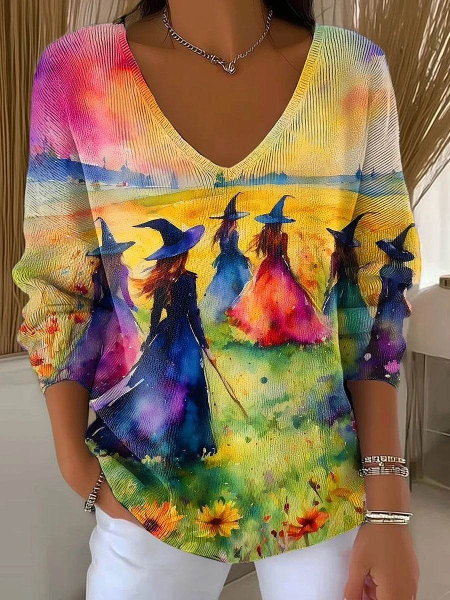 Hazel | Halloween-Inspired Watercolor Witch Print V-neck Long Sleeve Comfortable Sweater