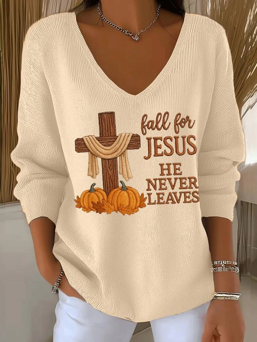 Ivana | Halloween Fall for Jesus Pumpkin Cross Print V-Neck Long Sleeve Autumn Sweater