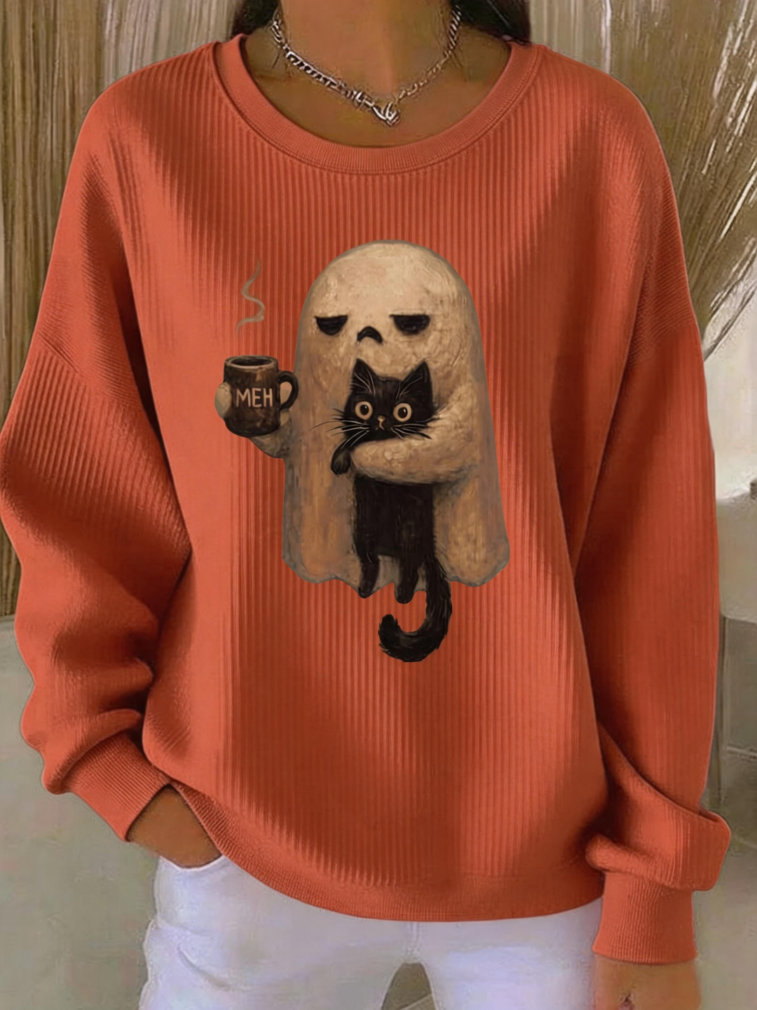 Savannah | Halloween-Inspired Ghost Hug Black Cat Coffee Print Ribbed Round Neck Sweatshirt