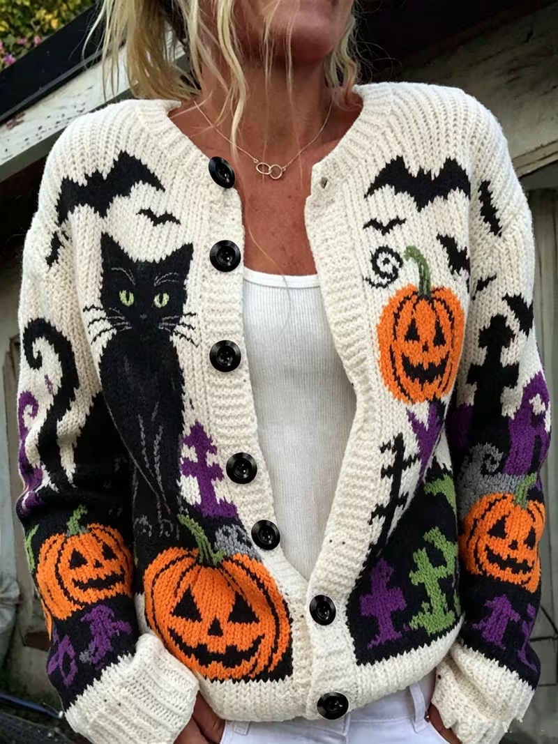 Daniela | Halloween-Inspired Black Cat Pumpkin Bat Pattern Button Front Knit Jacket