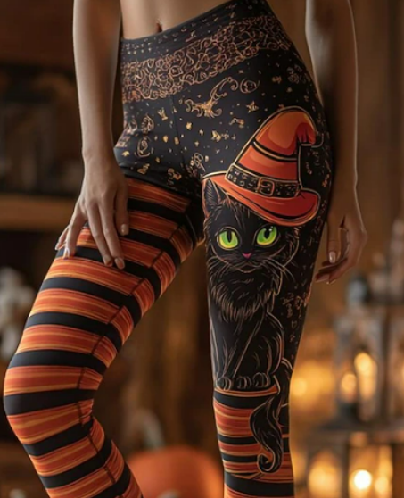 Angela | Halloween-Inspired Black Witch Cat Striped High Waist Long Leggings