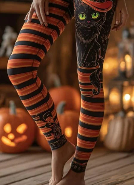 Angela | Halloween-Inspired Black Witch Cat Striped High Waist Long Leggings