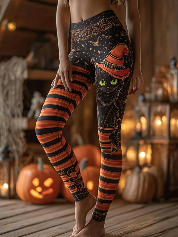 Angela | Halloween-Inspired Black Witch Cat Striped High Waist Long Leggings