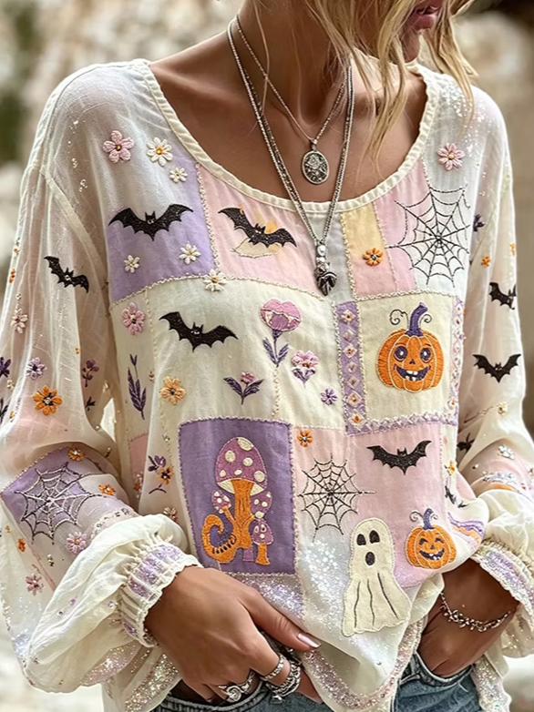 Deborah | Halloween-Inspired Blouse Round Neck Long Sleeve Print Top