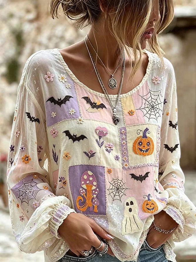 Deborah | Halloween-Inspired Blouse Round Neck Long Sleeve Print Top