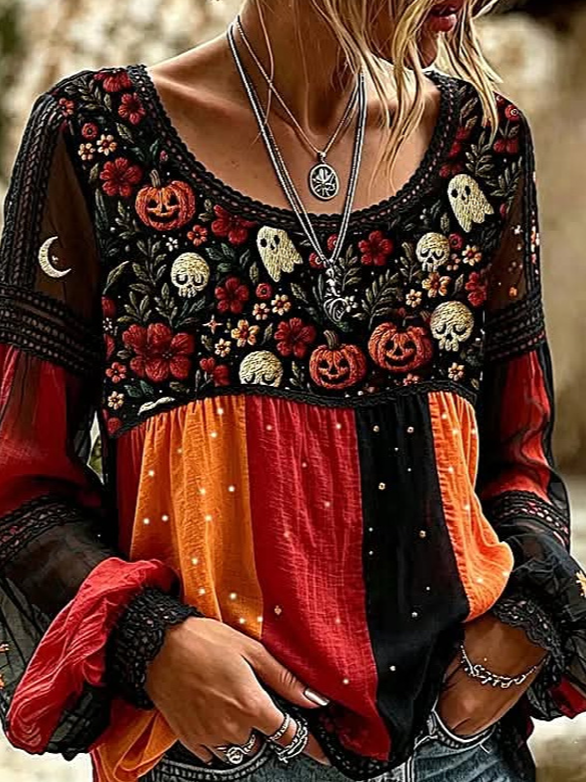 Lucia | Halloween Floral Casual Blouse Round Neck Long Sleeve Print Top