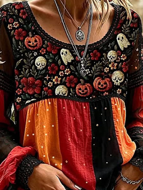 Lucia | Halloween Floral Casual Blouse Round Neck Long Sleeve Print Top