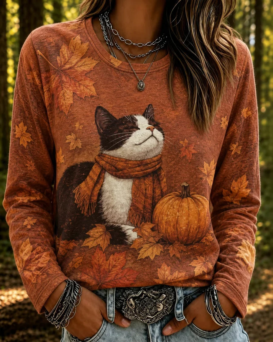 Judith | Halloween Casual Cat Round Neck Long Sleeve T-shirt