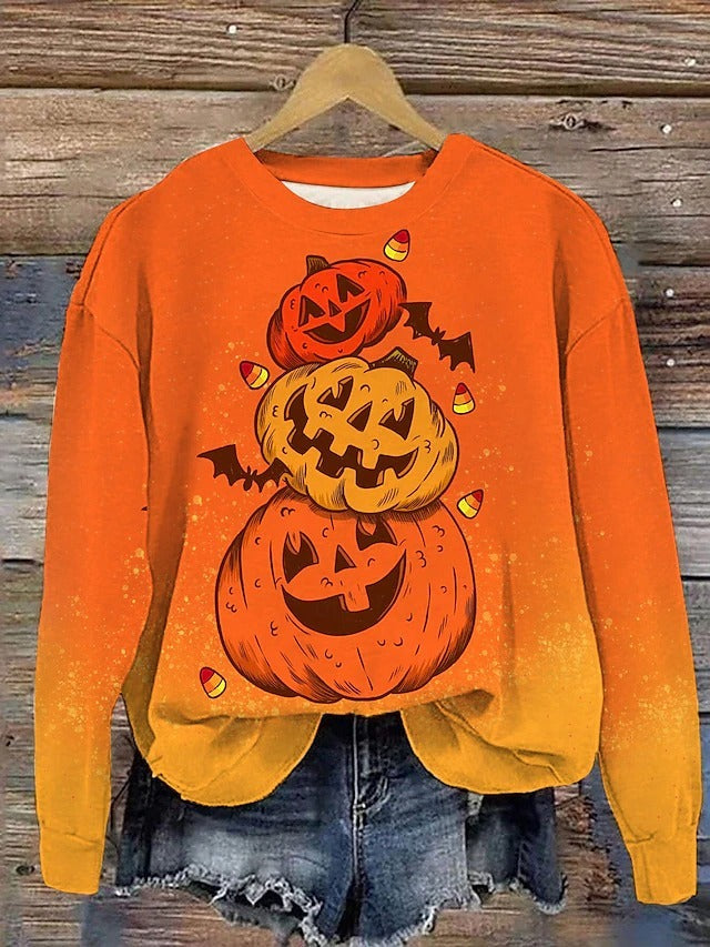 Emmeline | Halloween-Inspired Pumpkin Print Round Neck Sweatshirt