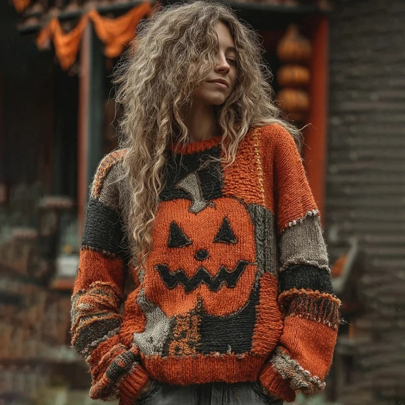 Chiara | Vintage Halloween-Inspired Pumpkin Face Patchwork Knitted Round Neck Cozy Sweater