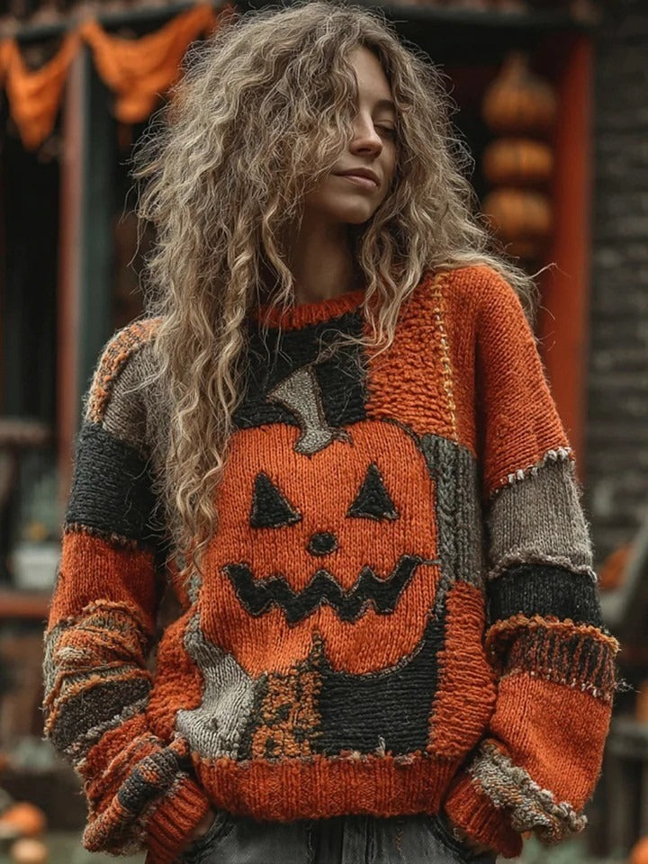 Chiara | Vintage Halloween-Inspired Pumpkin Face Patchwork Knitted Round Neck Cozy Sweater