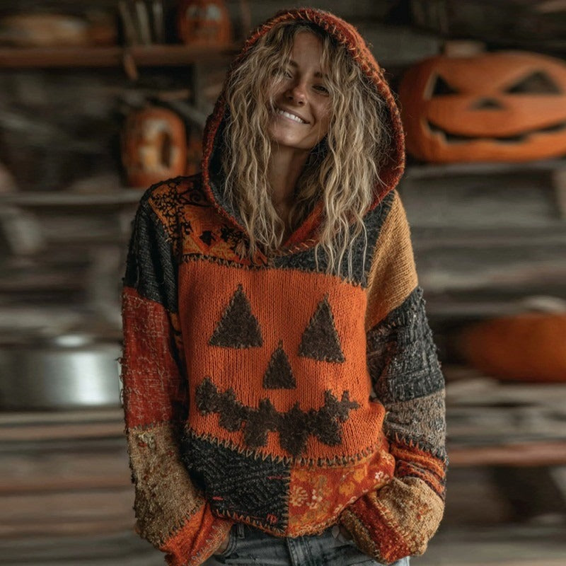 Skylar | Halloween-Inspired Pumpkin Face Patchwork Stitched Cozy Knit Hoodie