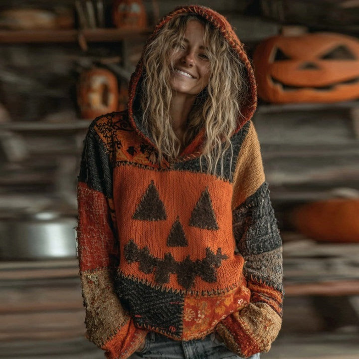 Skylar | Halloween-Inspired Pumpkin Face Patchwork Stitched Cozy Knit Hoodie