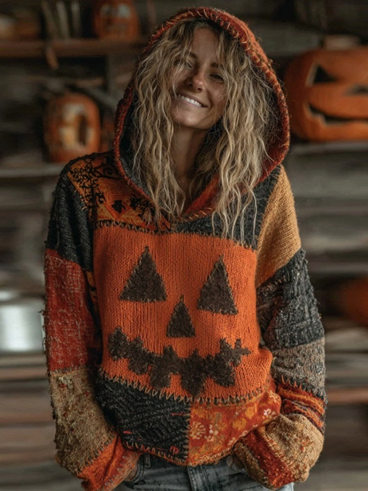 Skylar | Halloween-Inspired Pumpkin Face Patchwork Stitched Cozy Knit Hoodie