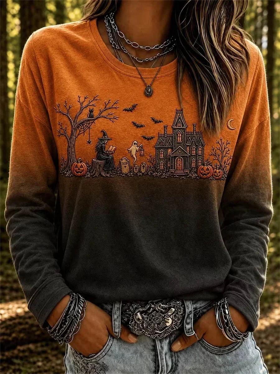 Gloria | Halloween-Inspired Round Neck Long Sleeve T-shirt