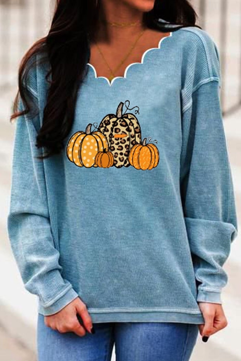 Jacqueline | Halloween Pumpkin Print V-neck Long Sleeve Sweatshirt