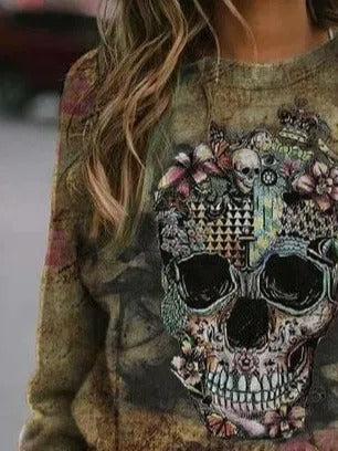 Antonella | Halloween-Inspired Skull Print Round Neck Long Sleeve Sweatshirt