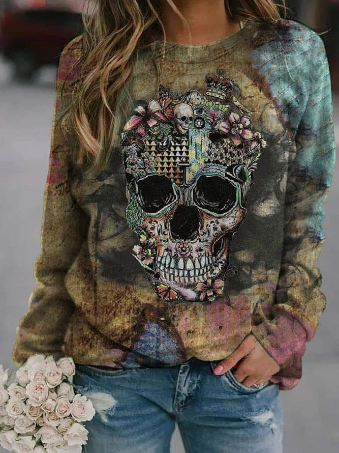 Antonella | Halloween-Inspired Skull Print Round Neck Long Sleeve Sweatshirt