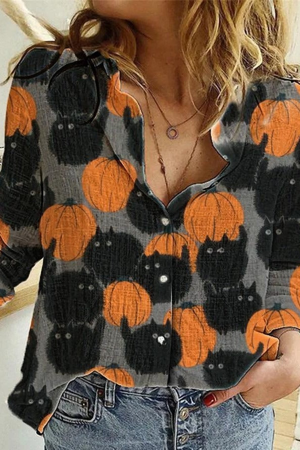 Aurelia | Halloween-Inspired Pumpkin Cat Print Lapel Long Sleeve Blouse
